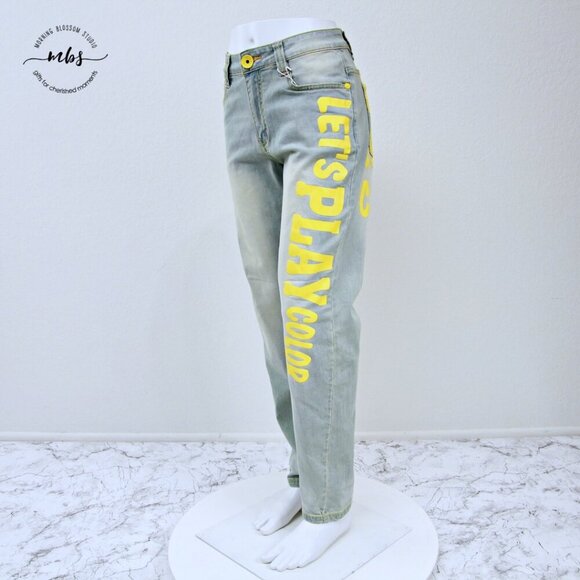 NWT LalaBobo Let's Play Color Mid Rise Straight Leg Jeans Blue Yellow Women 10 - Picture 4 of 12